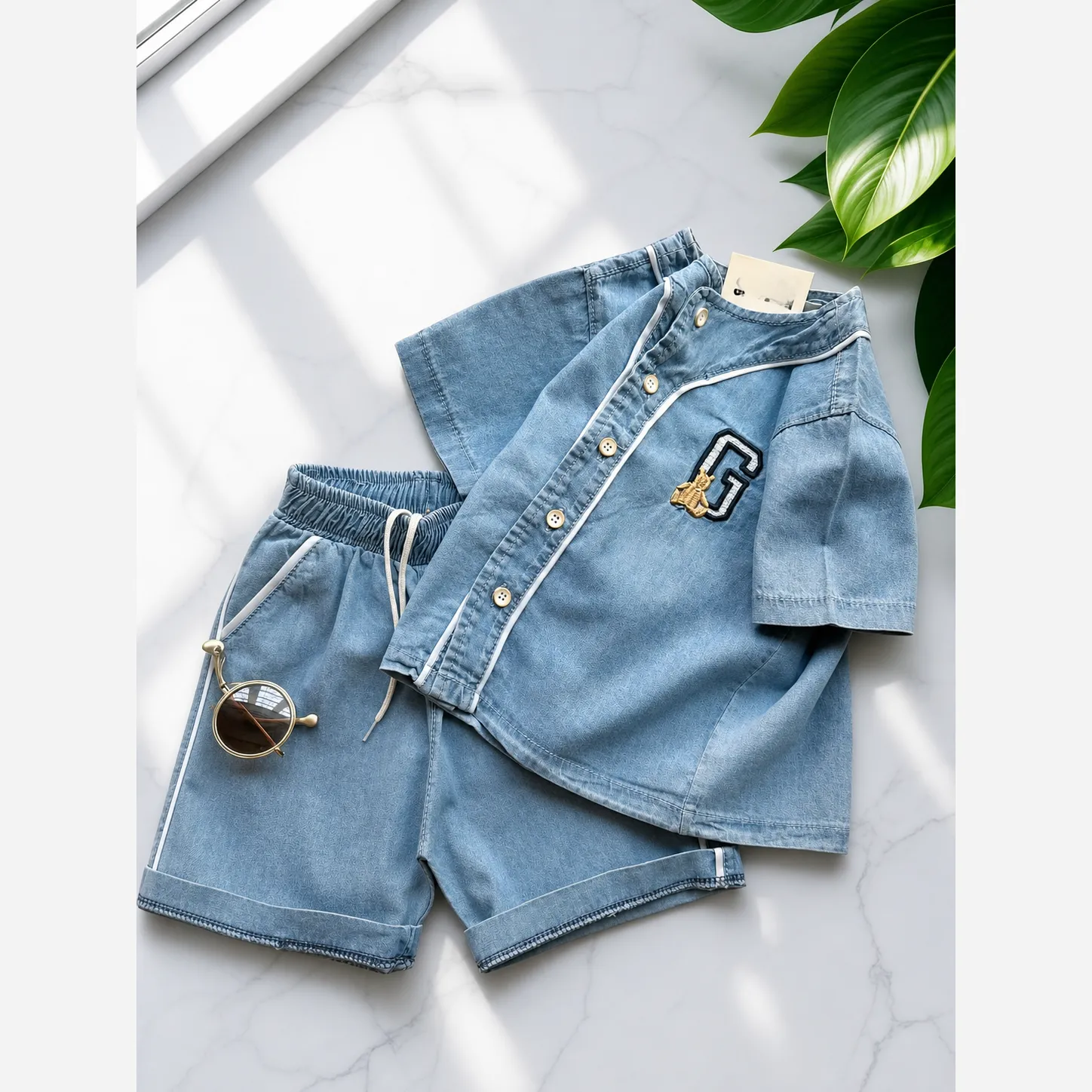 ست تیشرت و شلوارک جین گلدوزی طرح G سایز 2 تا 7 سال دخترانه و پسرانه