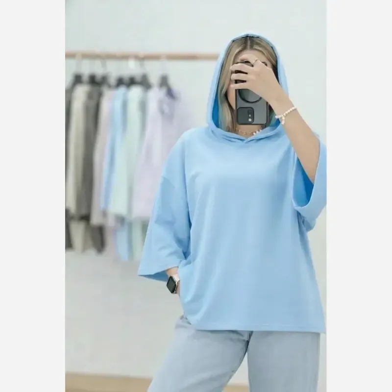 تیشرت کلاهدار زنانه پنبه سوپر فری سایز