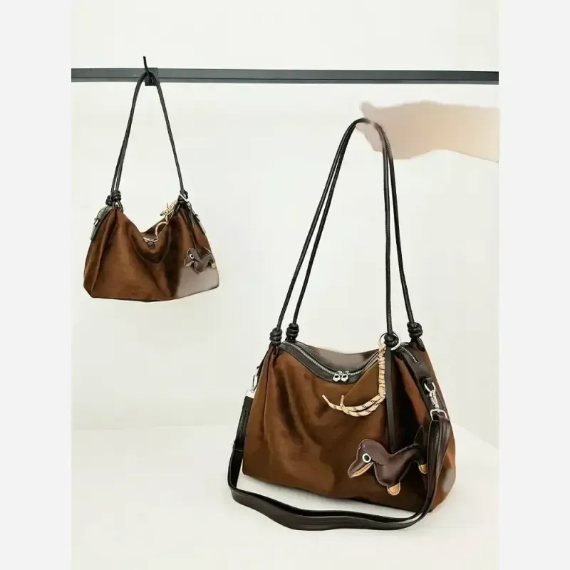 کیف مایا چارم دار ترکیب صابونی و جیر رنگ قهوه ای