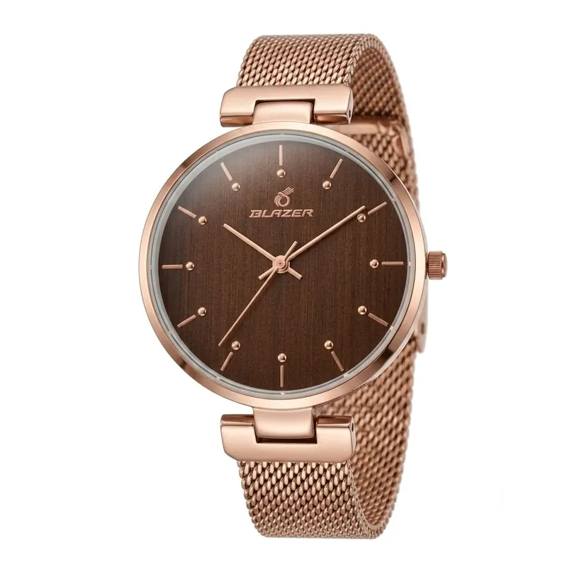 ساعت مچی زنانه بلیزر بند حصیری قهوه ای صفحه خط دار قاب رزگلد موتور ژاپن