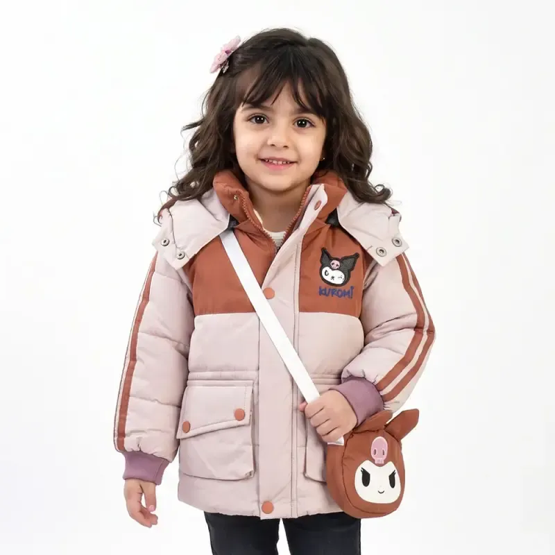 کاپشن دخترانه کرومی کیفدار صورتی داخل خز کلاهدار
