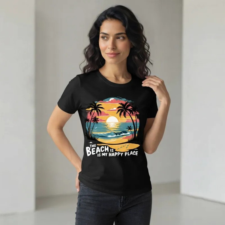 تی شرت آستین کوتاه زنانه پنبه ای طرح منظره BEACH